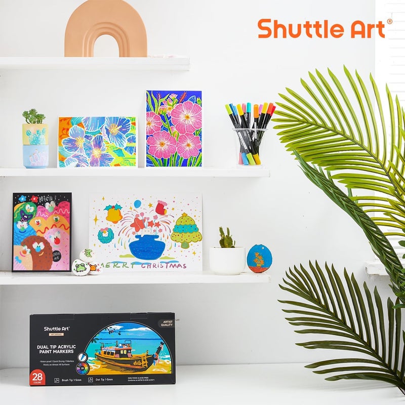 Shuttle Art 28 Colors Dual Tip Acrylic Paint Markers, Brush Tip and Dot Tip Acrylic Paint Pens for Rock, Ceramic, Wood, Canvas, Plastic, Glass, Stone, Calligraphy, Card Making, Crafts & Nail Art - Image 5